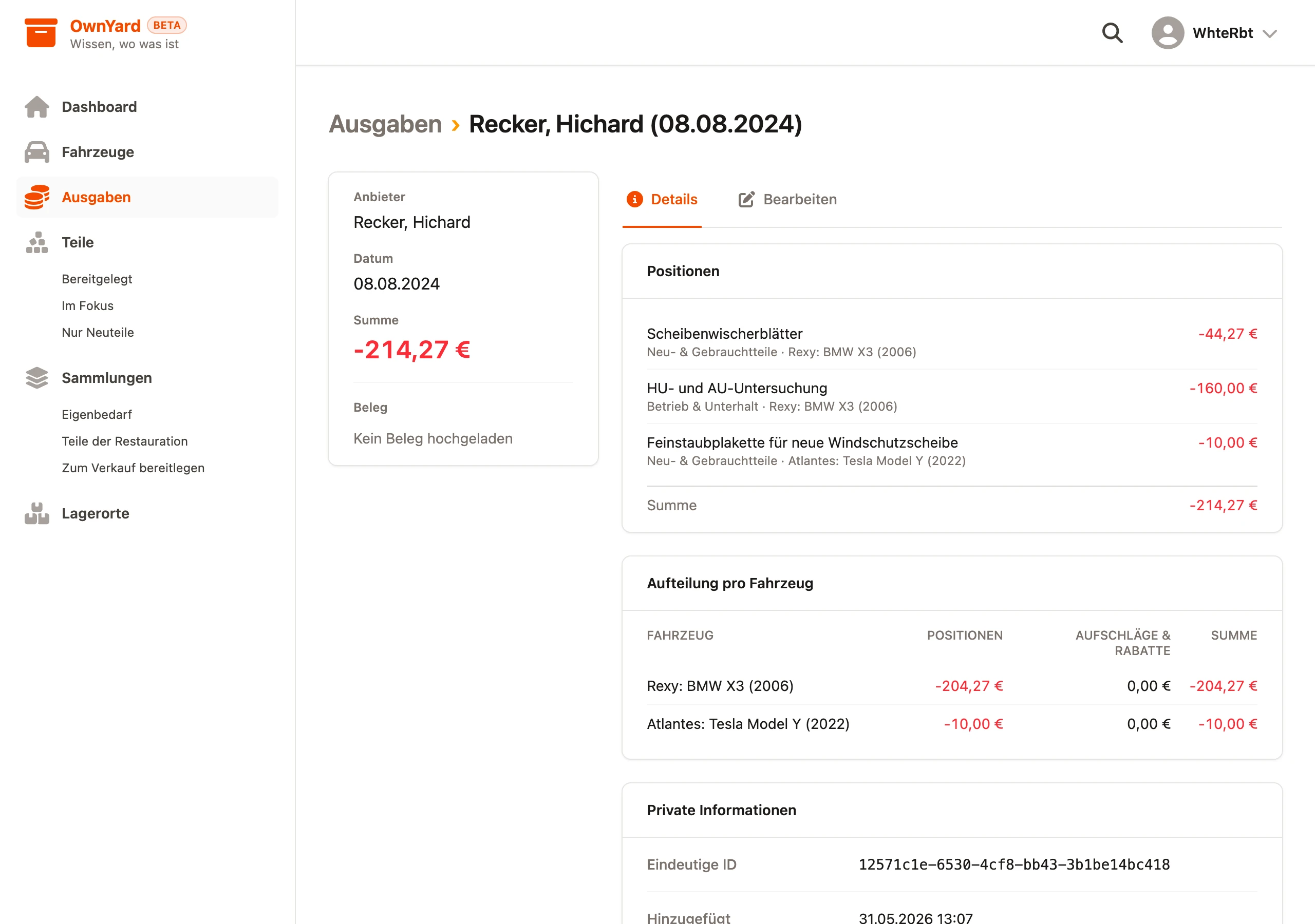 OwnYard – expense receipt with cost split